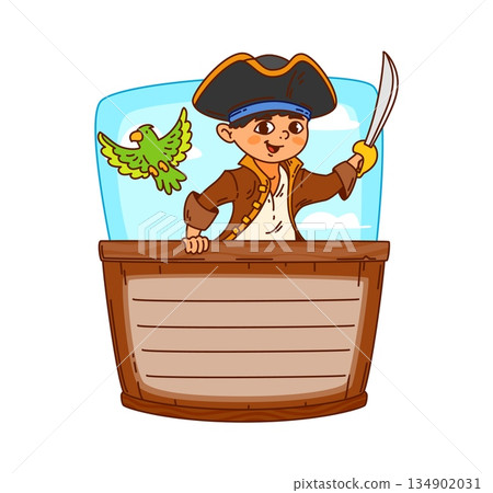 Pirate and corsair sailor kids memo note template. Kids schedule vector treasure hunt frame, child planner piracy memo note. Scrapbook page with pirate sailor boy character holding sword, green parrot 134902031