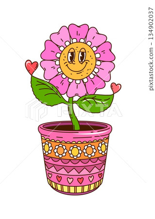 Retro groovy valentine daisy flower character. Cartoon vector charming potted chamomile bloom holding hearts featuring playful face expression, evoking sense of joy, romance, hippie vibe and affection 134902037