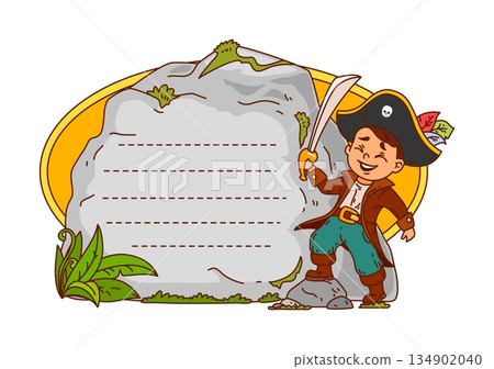 Pirate and corsair kids memo note frame with cute cartoon captain boy with a sword standing beside a large rock with dashed lines for writing. Vector adventure themed template for messages or list 134902040