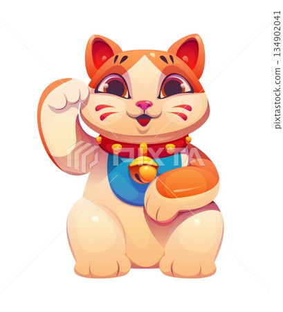 Japanese toy Maneki Neko cat with waving paw, vector cartoon character. Maneki neko lucky cat or Japanese animal toy doll with golden bell on collar for Japan traditional handicraft art Japanese toy Maneki Neko cat with waving paw, vector cartoon character. Maneki neko lucky cat or Japanese animal toy doll with golden bell on collar for Japan traditional handicraft art 134902041
