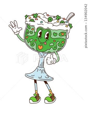 Cartoon groovy hippie green ice cream dessert character, Saint Patrick day holiday sweet retro personage. Vector glass cup with soft icecream, spoon and clover sprinkles for Irish holiday celebration 134902042