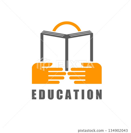 Internet school text book graphic icon or emblem. University or college book badge, academy education literature abstract vector icon. Online school emblem with person holding and reading opened book 134902043