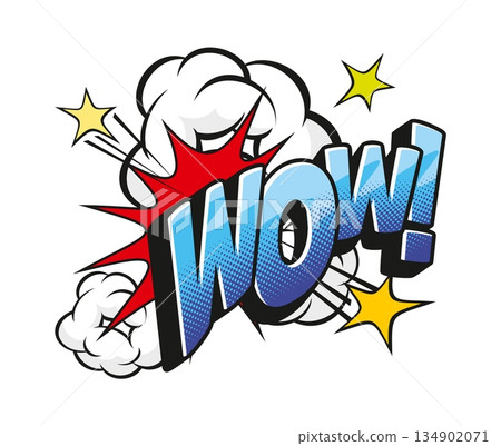 Wow comic sound effect speech bubble tag. Expression splash vintage sticker, sound bubble retro vector effect. Comic speech text cloud halftone tag or label with blue typography and explosion effect Wow comic sound effect speech bubble tag. Expression splash vintage sticker, sound bubble retro vector effect. Comic speech text cloud halftone tag or label with blue typography and explosion effect 134902071