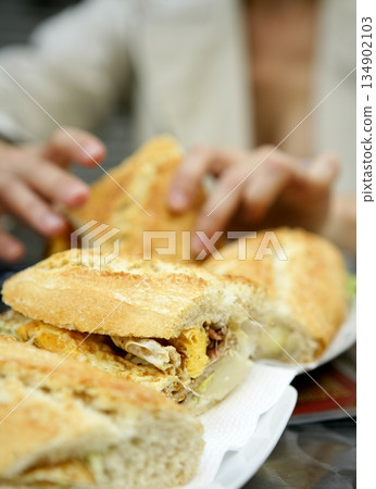 Delicious breakfast, omelet sandwich Delicious breakfast, omelet sandwich 134902103