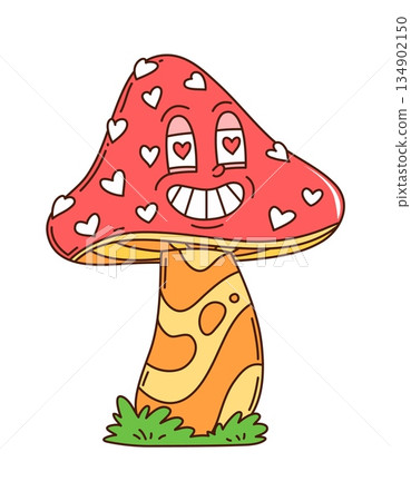 Valentines cartoon groovy fly agaric adorable character. Romantic day comic character, love holiday groovy vector personage. Saint Valentine celebration cheerful mascot or red amanita mushroom Valentines cartoon groovy fly agaric adorable character. Romantic day comic character, love holiday groovy vector personage. Saint Valentine celebration cheerful mascot or red amanita mushroom 134902150