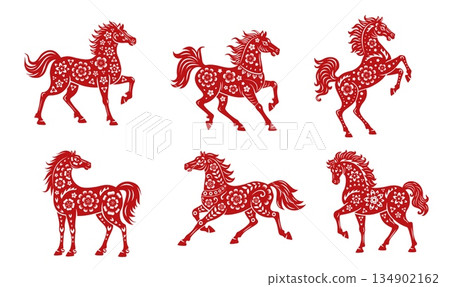 Red horse animals, asian Chinese Lunar New Year and horoscope symbols with vector paper cut flower patterns and oriental ornaments. China New Year zodiac horses set, CNY animal papercut symbols Red horse animals, asian Chinese Lunar New Year and horoscope symbols with vector paper cut flower patterns and oriental ornaments. China New Year zodiac horses set, CNY animal papercut symbols 134902162