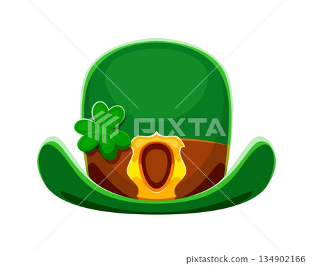 St Patricks day holiday leprechaun green bowler hat. Saint Patrick party costume accessory, Irish celebration isolated cartoon vector top hat. Ireland tophat with golden buckle and shamrock clover 134902166