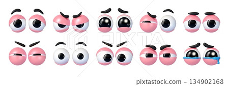 Cartoon 3d eyes, googly character eyeballs with expressions, black pupils, glossy highlight and pink eyelids. Vector pairs shows different moods, from sleepy and surprised to suspicious and wide awake 134902168
