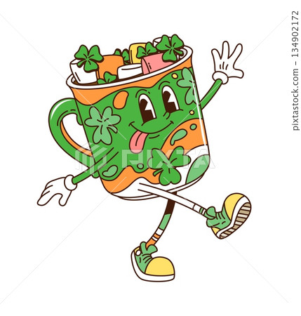Cartoon groovy hippie coffee or cocoa cup character with marshmallow and clover leaves. Vector St Patrick day holiday drink beverage retro y2k personage. Green friendly mug with chocolate and shamrock 134902172