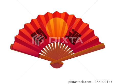 Traditional red Japanese hand fan with pleated folds, hieroglyphs, sun pattern and wooden handle. Isolated cartoon vector cultural item for celebration, Japan art and fashion. Asian souvenir or gift Traditional red Japanese hand fan with pleated folds, hieroglyphs, sun pattern and wooden handle. Isolated cartoon vector cultural item for celebration, Japan art and fashion. Asian souvenir or gift 134902173