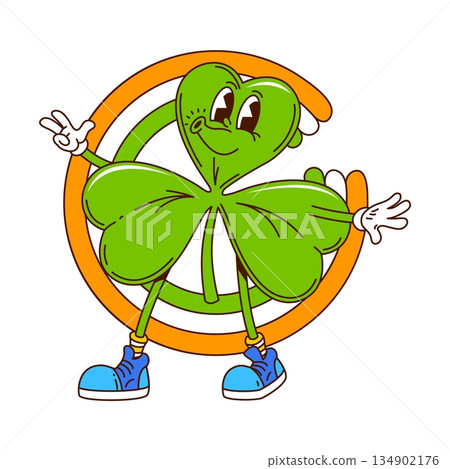 Cartoon hippie groovy retro shamrock clover character. Vector trefoil clover leaf shamrock funky holiday personage with smile, spreads joy and luck for Irish Patrick day celebration in a fantasy world Cartoon hippie groovy retro shamrock clover character. Vector trefoil clover leaf shamrock funky holiday personage with smile, spreads joy and luck for Irish Patrick day celebration in a fantasy world 134902176