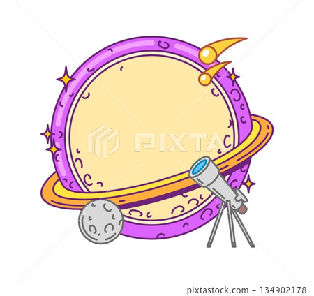 School education kids memo note space frame as a large ringed planet with craters, glowing stars, telescope, moon and shooting comets. Cartoon vector blank tag for astronomy or science stationery School education kids memo note space frame as a large ringed planet with craters, glowing stars, telescope, moon and shooting comets. Cartoon vector blank tag for astronomy or science stationery 134902178