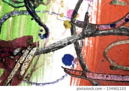 Abstract fllowing paint and pencil scribble lines splashes vibrant art background 134902183
