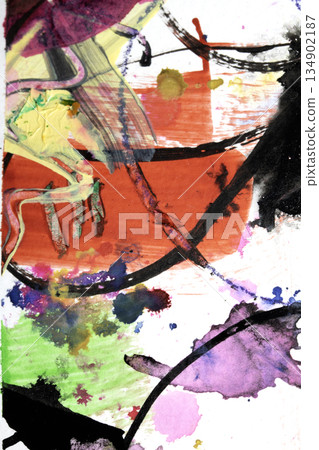 Abstract fllowing paint and pencil scribble lines splashes vibrant art background 134902187