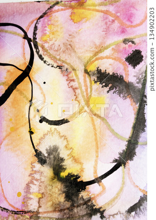 Abstract fllowing paint and pencil scribble lines splashes vibrant art background 134902203