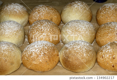 Close up of fresh baked homemade rolls buns breads golden 134902217