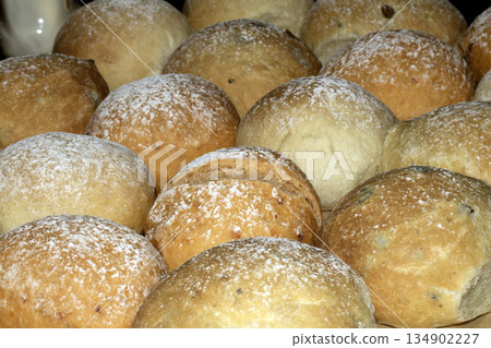 Close up of freshly baked bread roll buns abstract 134902227