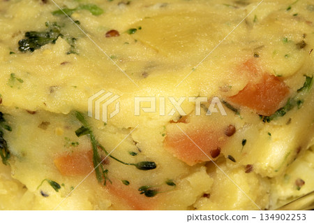 Close up of mashed potato with vegetables background food abstract 134902253
