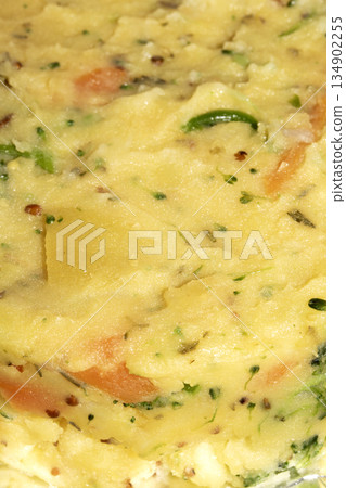 Close up of mashed potato with vegetables background food abstract 134902255