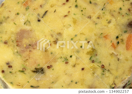 Close up of mashed potato with vegetables background food abstract 134902257