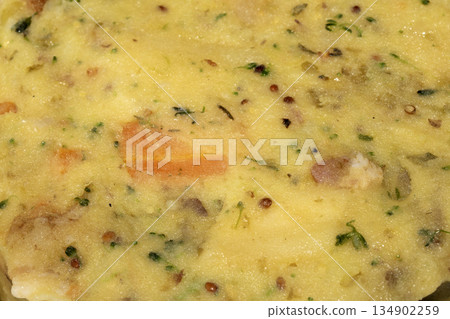 Close up of mashed potato with vegetables background food abstract 134902259