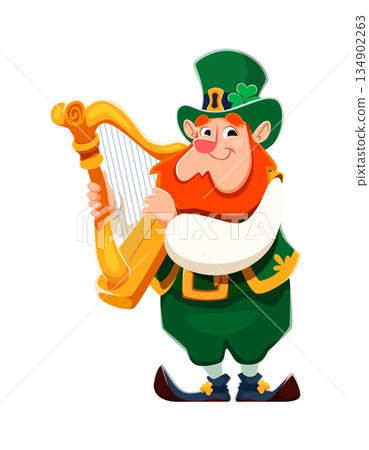 Cartoon funny leprechaun character with orange beard and tall green hat adorned with shamrock, holding a golden harp. Vector Happy St Patrick day cheerful personage represents Irish folklore and music 134902263