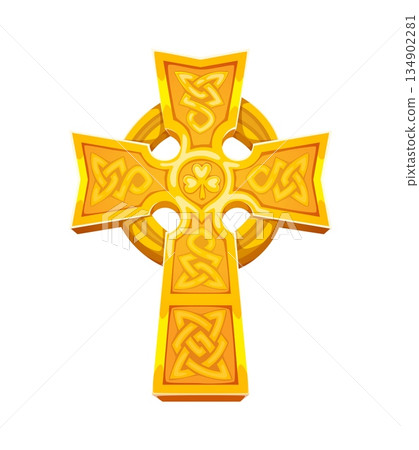St Patrick's day golden Celtic cross icon or item. Saint Patrick day isolated cartoon vector symbol or icon. Ireland culture object or attribute, medieval Celtic ornate with clover leaf golden cross St Patrick's day golden Celtic cross icon or item. Saint Patrick day isolated cartoon vector symbol or icon. Ireland culture object or attribute, medieval Celtic ornate with clover leaf golden cross 134902281