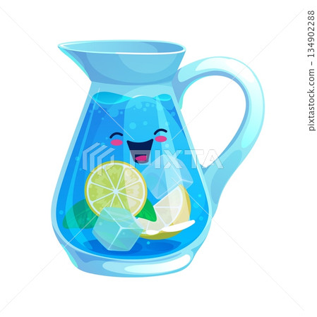 Cartoon water drink. Cute kawaii blue glass pitcher funny vector character filled with refreshing water, lime slices, lemon wedges and ice cubes. Cartoon personage with cute smile Cartoon water drink. Cute kawaii blue glass pitcher funny vector character filled with refreshing water, lime slices, lemon wedges and ice cubes. Cartoon personage with cute smile 134902288
