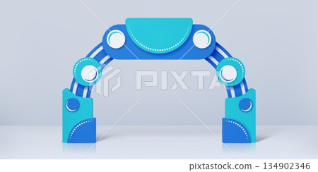 Modern exhibition blue and white event arch gate. Futuristic arch gate with dual pillars connected by curved beams. Trade fair, exhibition, corporate event, conference and festival entrance 134902346