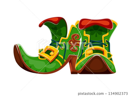 Cartoon leprechaun boots, Saint Patrick day items. Isolated vector green, buckled shoes, pointed at the toes, with shamrock symbols. Irish folklore dwarf footwear for silent movement or swift travel Cartoon leprechaun boots, Saint Patrick day items. Isolated vector green, buckled shoes, pointed at the toes, with shamrock symbols. Irish folklore dwarf footwear for silent movement or swift travel 134902373