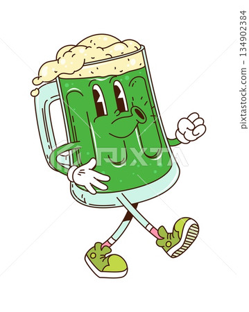 Cartoon groovy hippie green beer or ale character. Vector St Patrick day holiday retro beverage y2k personage. glass cup with traditional foamy Irish drink, cheerful funky face, ready for celebration 134902384