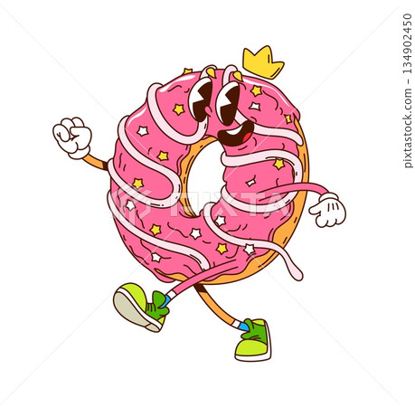 Cartoon hippie groovy donut character. Funny doughnut with pink icing, yellow star sprinkles and looping white glaze lines, small golden crown on top. Dessert mascot, sweet bakery personage 134902450