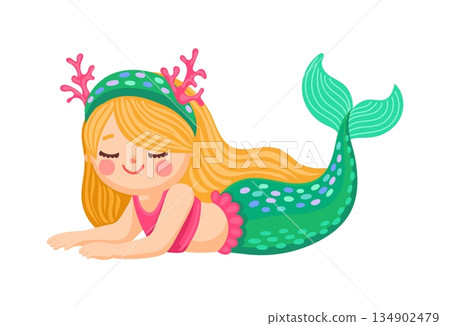 Cartoon mermaid character with orange hair and green tail. Cute smiling and resting young girl princess with seaweed wear. Beautiful summer birthday sticker with marine ocean fairy 134902479