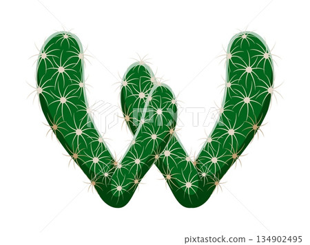 Cacti succulent, cactus font cartoon letter W. Prickly plant leaf type letter, desert succulent typeface vector element. Cactus typeset sign or Mexican cacti English alphabet font symbol 134902495