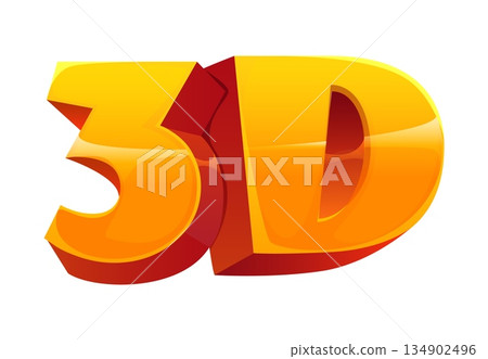 3d text cartoon movie cinema object. Bold and glossy typography in vibrant golden yellow colors. Vector emblem or signage for showcasing 3d content, animations, or game in three dimensional vision 3d text cartoon movie cinema object. Bold and glossy typography in vibrant golden yellow colors. Vector emblem or signage for showcasing 3d content, animations, or game in three dimensional vision 134902496