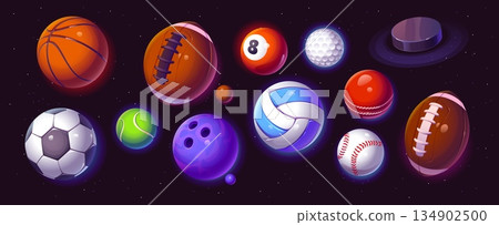 Glowing sports planet balls floating in space as basketball, soccer ball, tennis ball, volleyball, baseball and bowling ball, golf, billiard and cricket, American football, rugby, hockey puck set 134902500