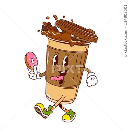 Cartoon funky groovy coffee cup character with joyful face expression, holding a donut. Isolated vector retro comic hot beverage mug personage in vintage sneakers inviting for coffee break with pastry Cartoon funky groovy coffee cup character with joyful face expression, holding a donut. Isolated vector retro comic hot beverage mug personage in vintage sneakers inviting for coffee break with pastry 134902501