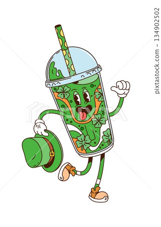 Cartoon groovy hippie smoothie drink character, Saint Patrick day holiday beverage y2k personage. Vector retro green sweet cocktail in plastic cup with dome lid and straw for Irish festive celebration 134902502
