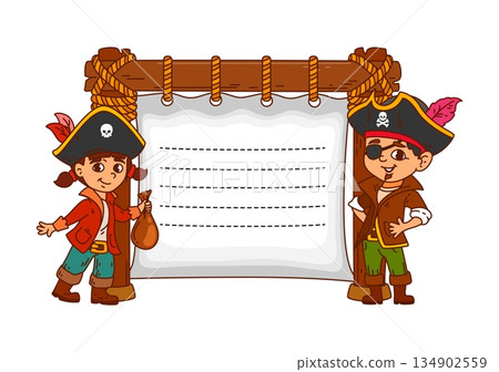 Pirate and corsair kids memo note frame with cartoon boy and girl rovers wear pirate hats standing beside a wooden framed scroll with dashed writing lines. Vector template for invitations or labels 134902559