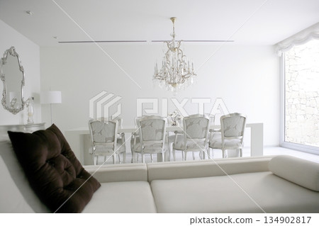 Dining room, lounge area white interior 134902817