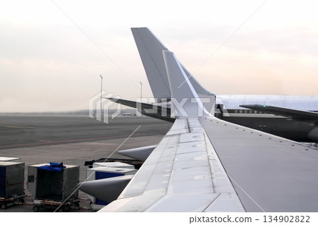 aircraft airplane landed wing perspective aircraft airplane landed wing perspective 134902822