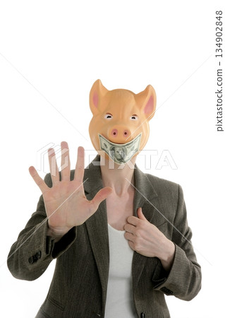 Woman with swine face, dollar note mask Woman with swine face, dollar note mask 134902848