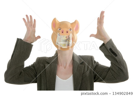 Woman with swine face, Euro note mask Woman with swine face, Euro note mask 134902849