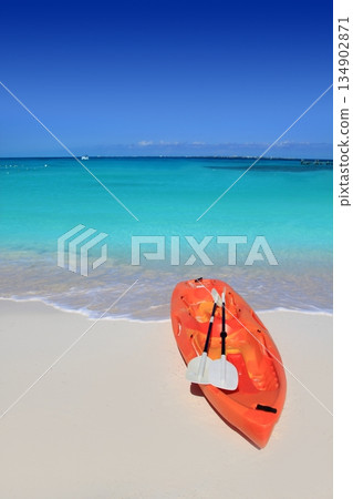 Kayak in beach sand caribbean sea turquoise 134902871