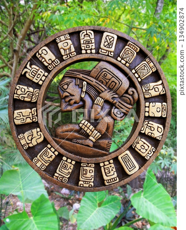 Calendar Mayan culture wooden on Mexico jungle Calendar Mayan culture wooden on Mexico jungle 134902874