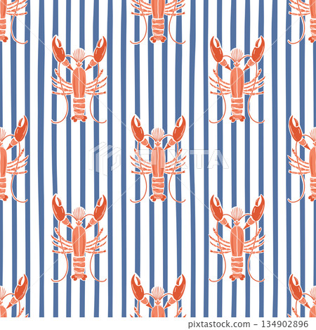 Blue coastal striped lobster seamless pattern. Vector ocean repeat background, summer sea vacation print. Blue coastal striped lobster seamless pattern. Vector ocean repeat background, summer sea vacation print. 134902896