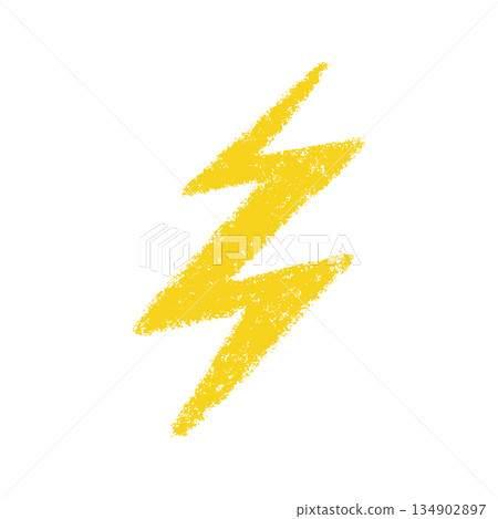 Doodle crayon lightning symbol. Hand drawn chalk lightning with grunge texture. Graphic element for fun collages. Crayon doodle yellow thunder. Vector pencil illustration isolated on white background 134902897