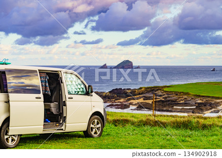 Campervan on sea coast in Asturias Spain. Campervan on sea coast in Asturias Spain. 134902918