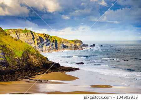 Asturias coast with Carniciega beach in Spain. Asturias coast with Carniciega beach in Spain. 134902919