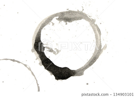 Distressed Monochrome Ink Circle Texture and Splatter Graphic on white background 134903101